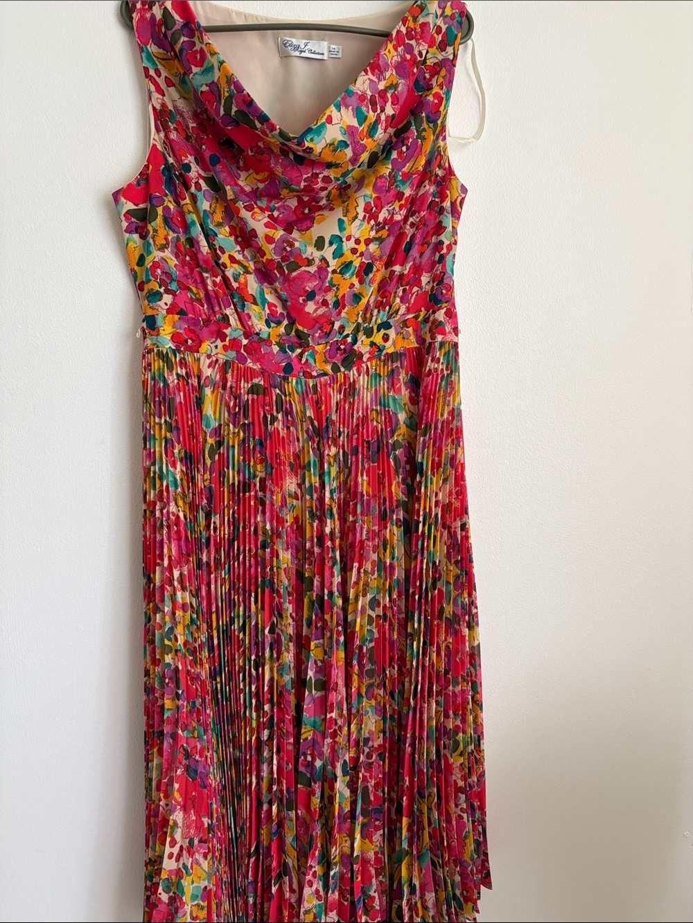 Bright Floral Pleated Midi Dress with Cowl Neck